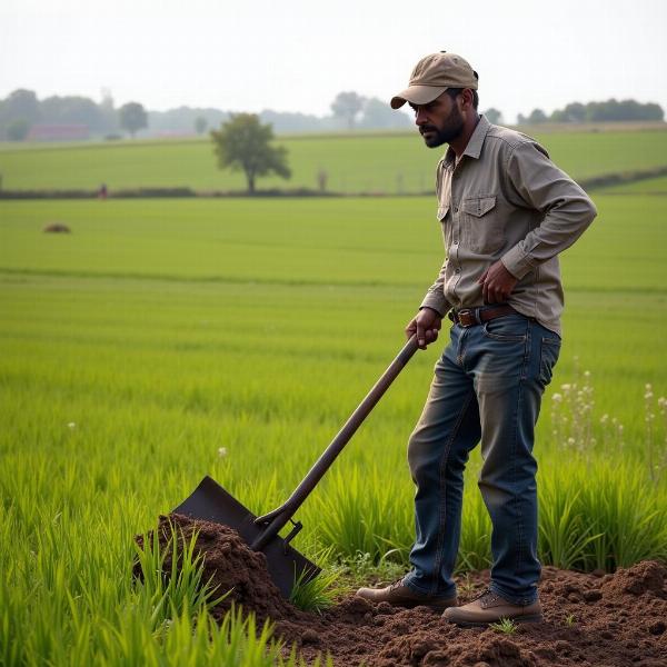 A farmer working with a kodal in the field