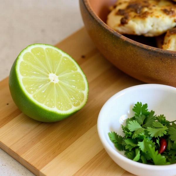 A lime wedge ready to be squeezed onto a dish, highlighting its common use in Indian cuisine.