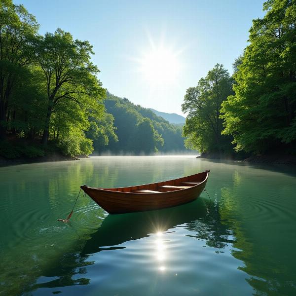 Boat floating on a serene lake