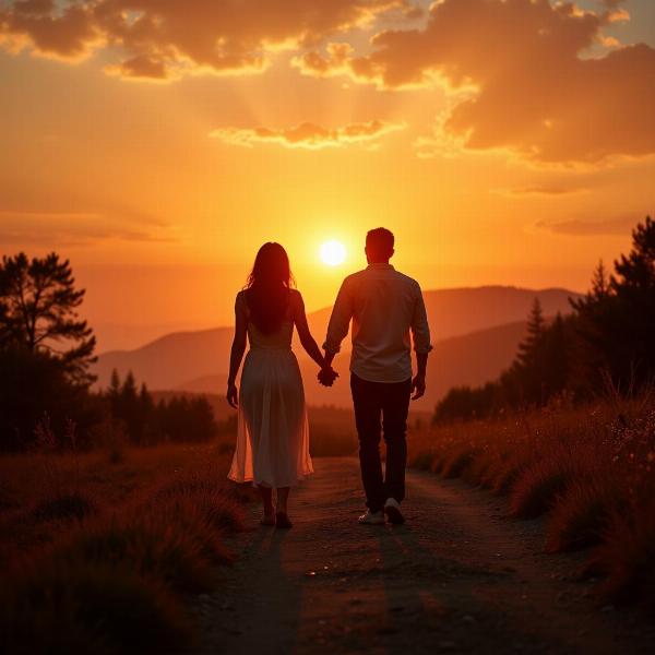 Couple holding hands walking towards sunset