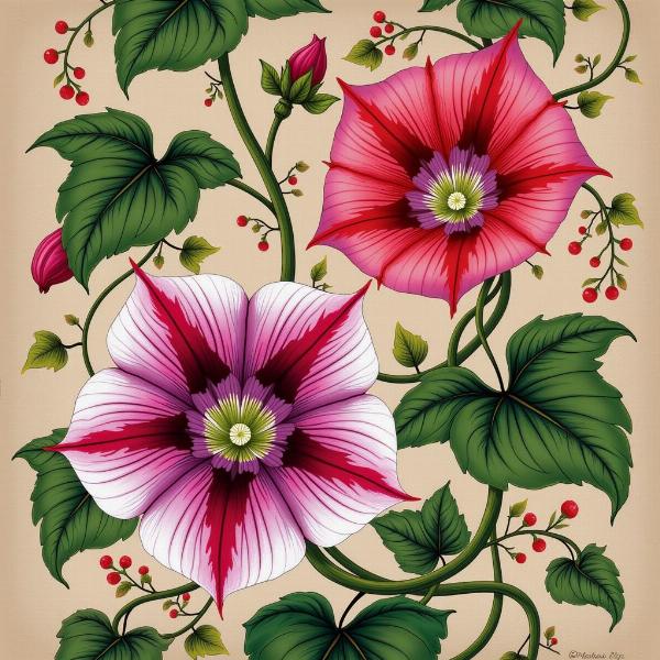 Traditional Indian painting of morning glory flowers