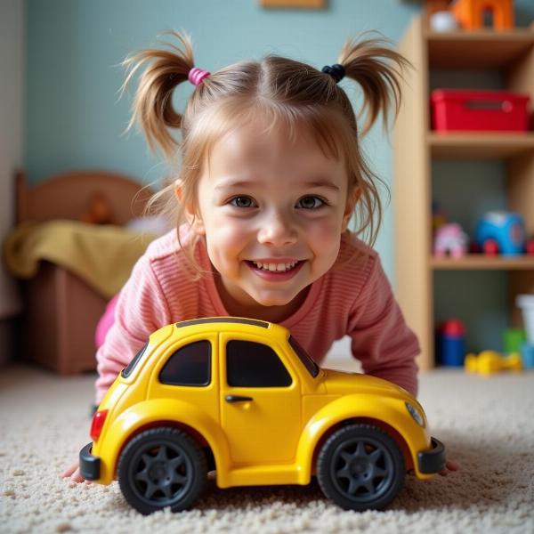 A young girl giggling as she hides her brother's toys