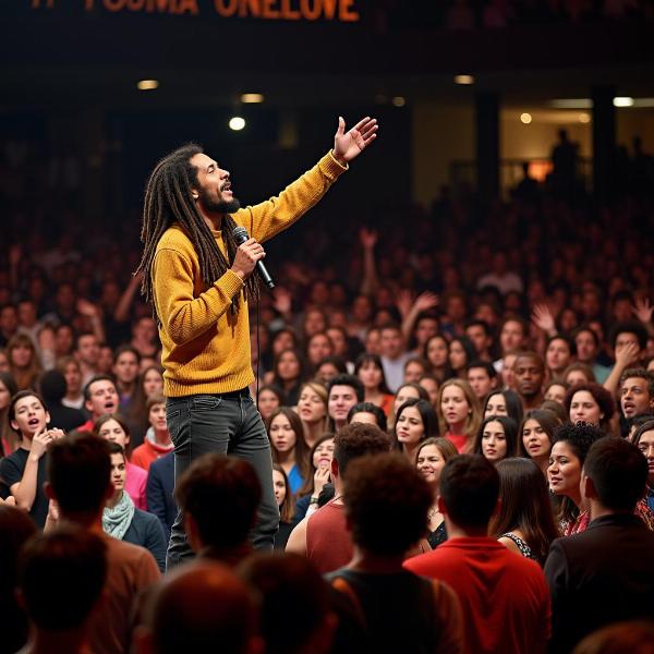 Bob Marley singing One Love with a crowd of diverse people.