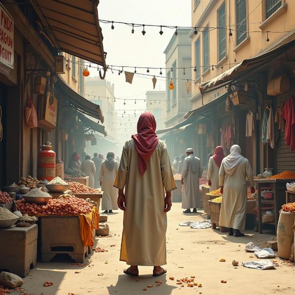 Person waiting in a bustling marketplace