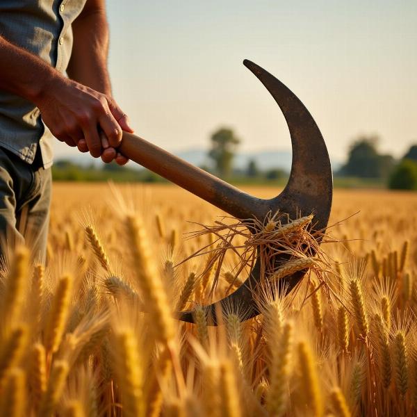 Farmer using a reaping hook to harvest wheat