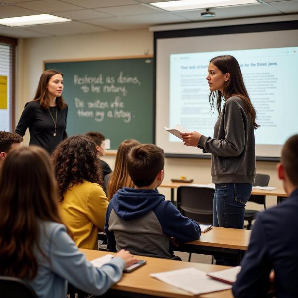 Student reciting in a classroom