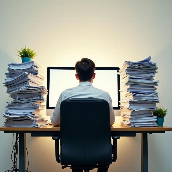 A person staring blankly at a computer screen, surrounded by stacks of paperwork