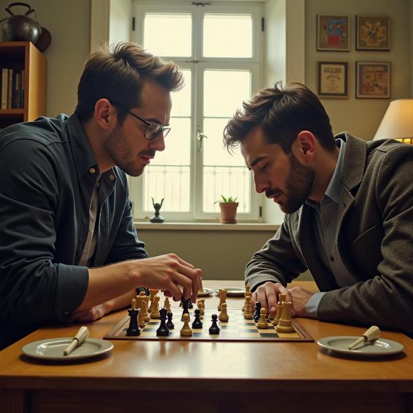 Two chess players engaged in an intense match, one displaying a particularly cunning move